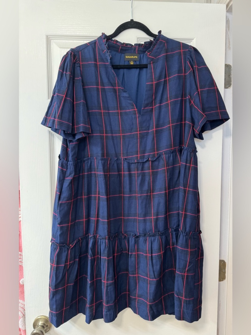 Sugarlips Navy Dress with Pink Windowpane Plaid